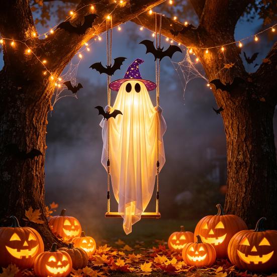 Gruselige Outdoor-Halloween-Dekorationen Schwingendes Geister-Hängeornament mit LED-Lichterkette für Dekoration, Verstellbare Große Festival-Dekoration Leuchtende Fledermaus