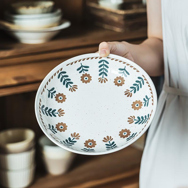 Retro Japanese Hand-Painted Small Flower Ceramic Plate, Household Tableware, Deep Plate, Creative Plate, Vegetable Plate, Pasta Plate, Western Plate