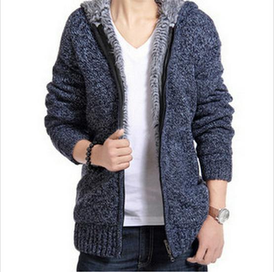 

Men s Plus Size Hooded Zipper Knit Fleece Cardigan - European & American Style Sweater Coat Outerwear L