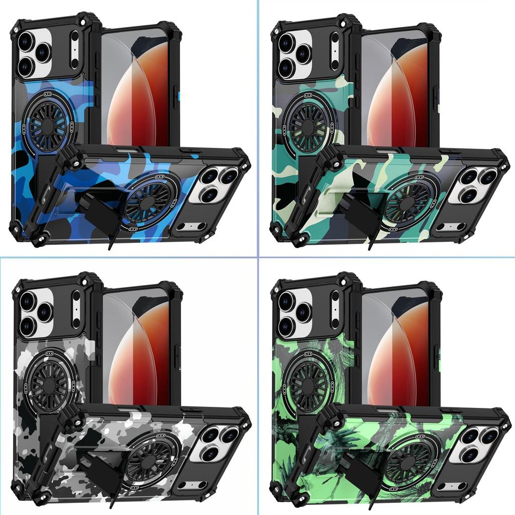 Painting Army Camouflage Carbon Fiber Magnetic Bumper Phone Case With Kickstand For iPhone 17 16 15 Pro Max Samsung S25 S24 A56 Hard Protective Cover