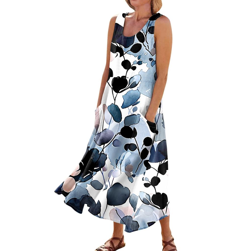 Sleeveless Dress For Women Women's Summer Casual Fashion Printed Sleeveless Round Neck Pocket Dress