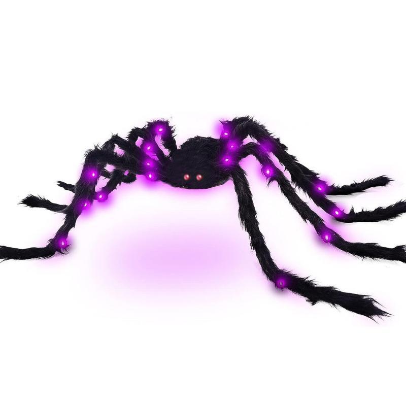 Halloween Riesige Leuchtende Flauschige Schwarze Spinne Lila LED Batteriebetrieben 8 Modi Spinnenlichter Für Innen Außen Veranda Dekor