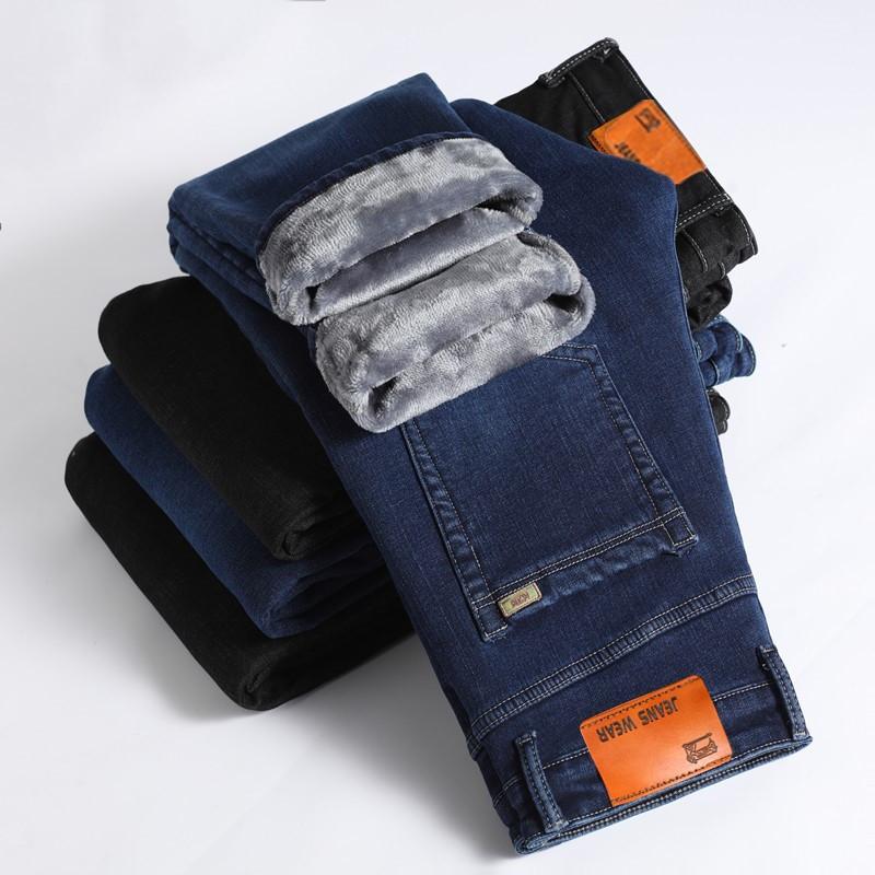 Talvised pikad püksid Meeste teksad Fliisist lahtised sirged vabaaja teksad