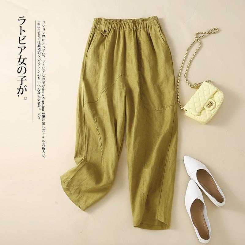 2025 summer new literary and retro cotton and linen Harlan pants women's double-pocket elastic waist thin solid color nine-point pants