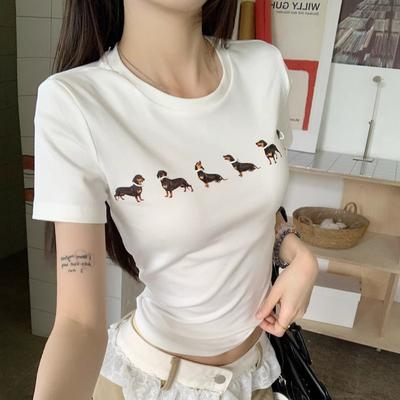 Sommer bomull Dame t-skjorte vintage tegneserie trykk avslappet Slim Fit Rund hals Kortermet T-skjorter harajuku grå hvit y2k cropped topp