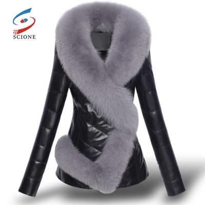 Abrigo de invierno de piel sintética con cuello de piel de zorro acolchado y almohadilla de algodón para mujer