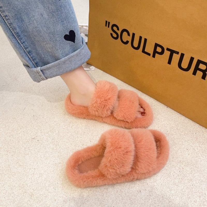 Autumn and winter new double with fluff mop outer wear fashion casual women's one-word cotton slippers flat bottom home plush slippers