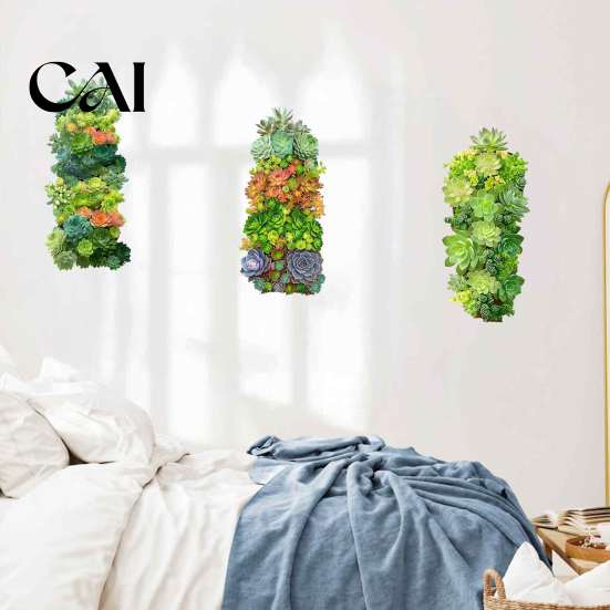 Nature Inspired Room Decoration 3Pcs 3D Succulents Wall Stickers, Vertical Plant Landscape Decals, Waterproof PVC Mural, Creative Soft Gifts Peel And
