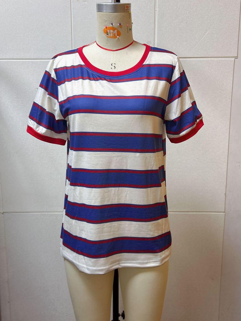 2025 Women's Round Neck Color-Block Striped Loose T-Shirt