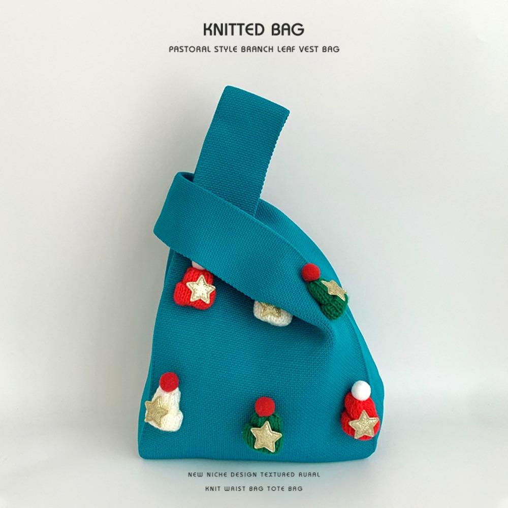 

Large Capacity Christmas Knitted Bag Christmas Hat Pentagram Christmas Wrist Bag Reuse Christmas Shoulder Bag синій