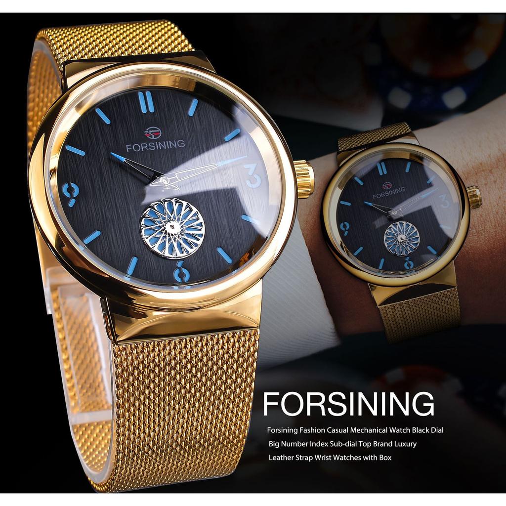 Forsining Męski modny, casualowy, retro, pasek z siatki, zegarek mechaniczny, ręczny, GMT1237-2-W