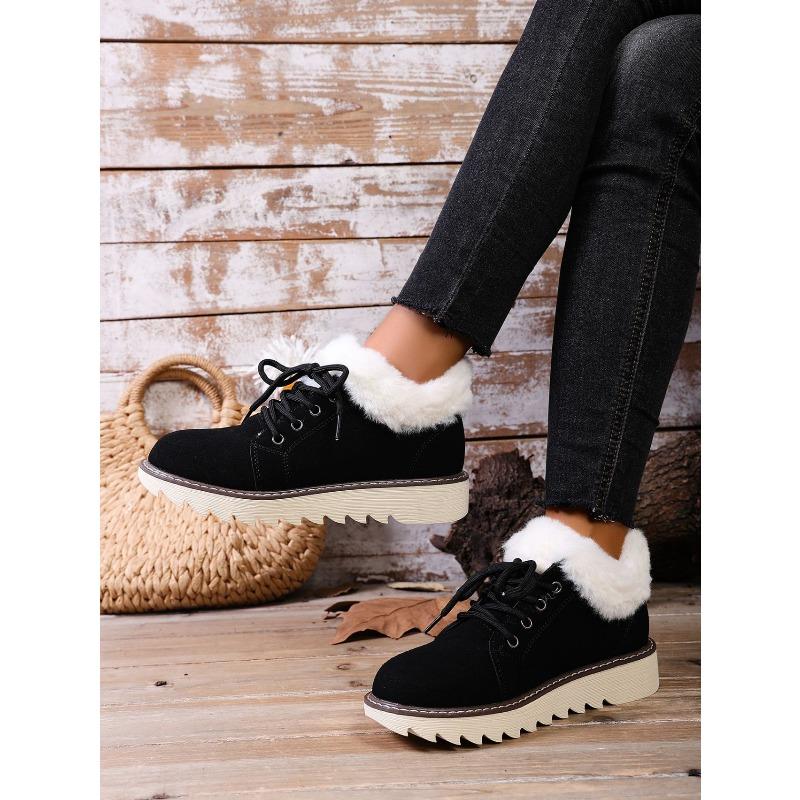 2025 New Lace-up Plush Plush Cotton Shoes Large Size Round Toe Platform Sole Warm Snow Boots for Women