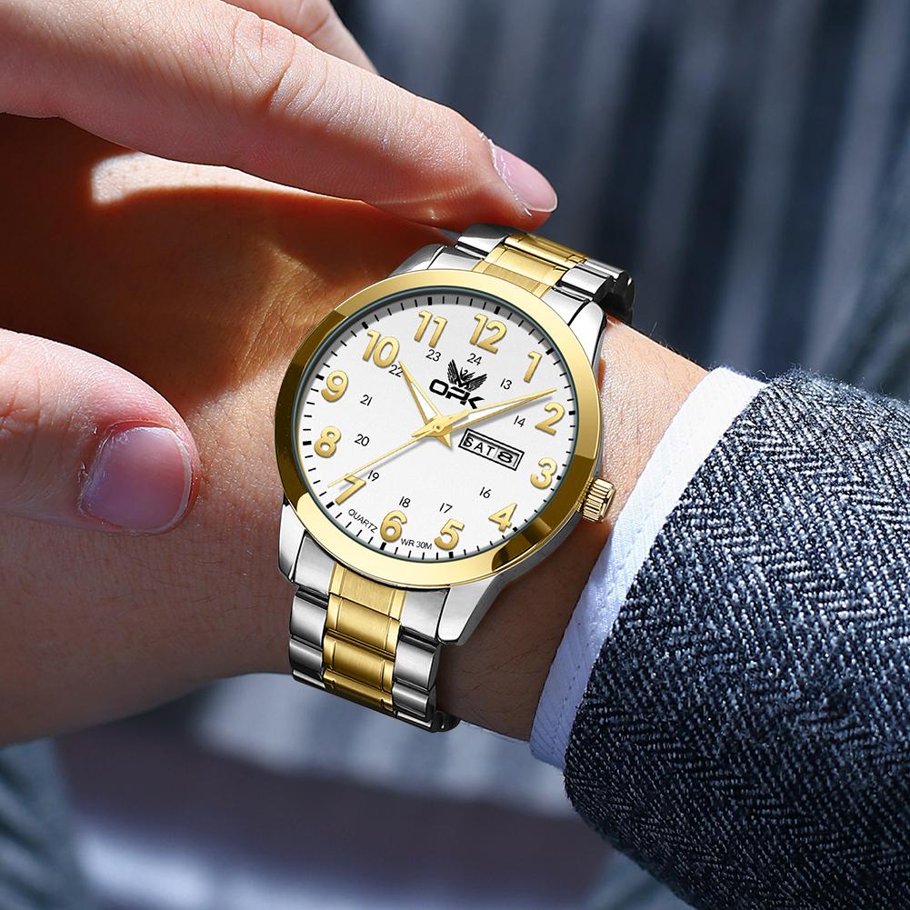 OPK 8176 Man Watch Steel Strap Waterproof Luminous Date Week Classic Digital Dial Simple Business Quartz Wristwatches for Men