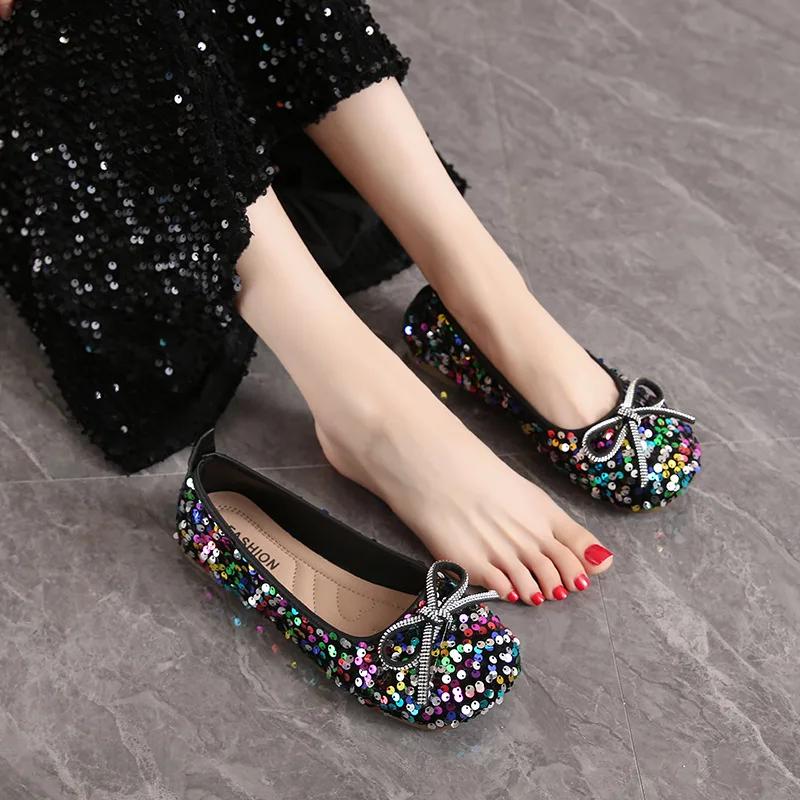 Fashion 2025Women Bling Flats Shoes Casual Walking Shoes Spring New Round Toe Bowtie Female Fashion Brand Dress Zapatillas Mujer