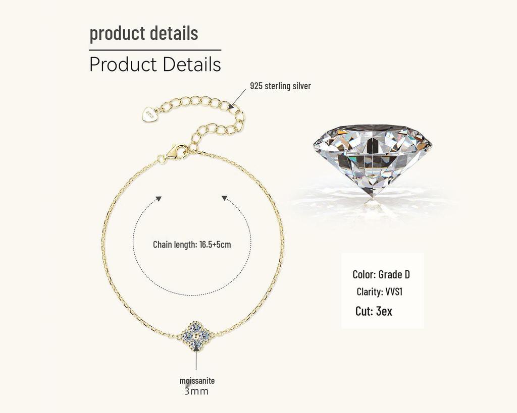 Four-Leaf Clover Necklace: Japanese & Korean Style, S925 Sterling Silver Moissanite Pendant, Gold-Plated Clavicle Chain