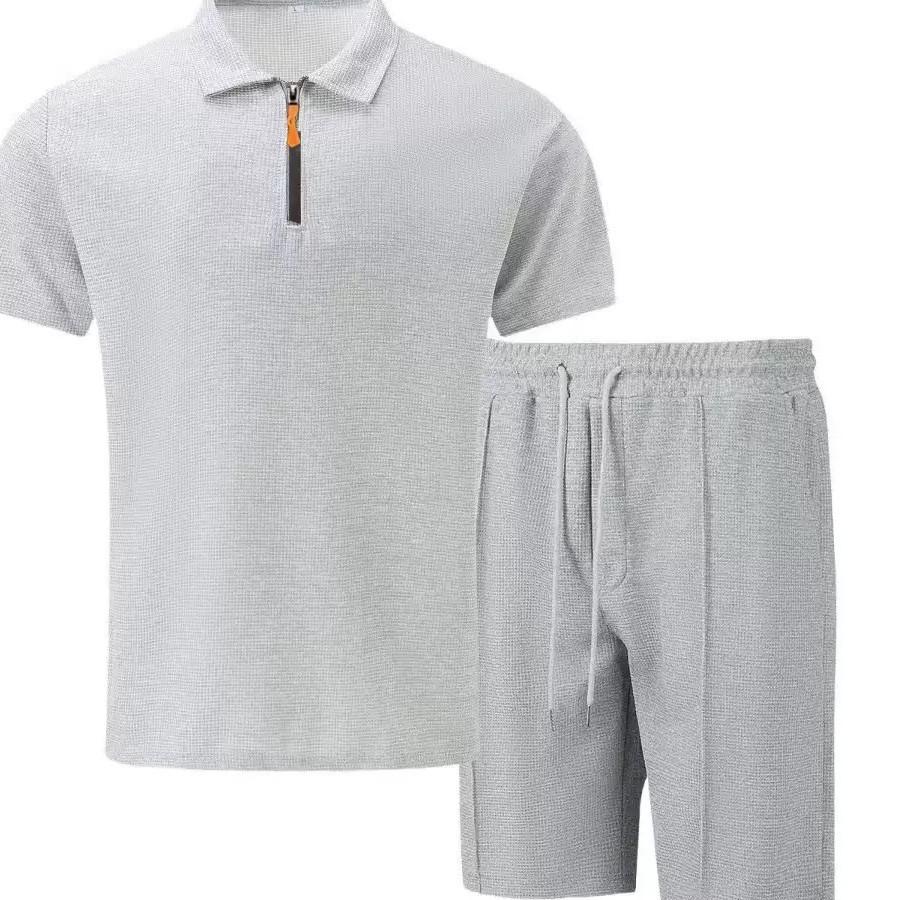 Mens Casual Polo Shirt Shorts Set Summer Breathable