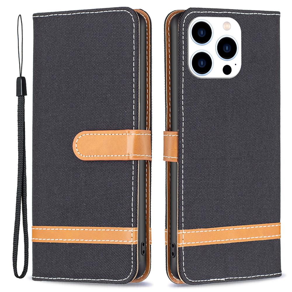 

For iPhone 16 Pro Max Case Jeans Cloth Texture Leather Wallet Cover Black