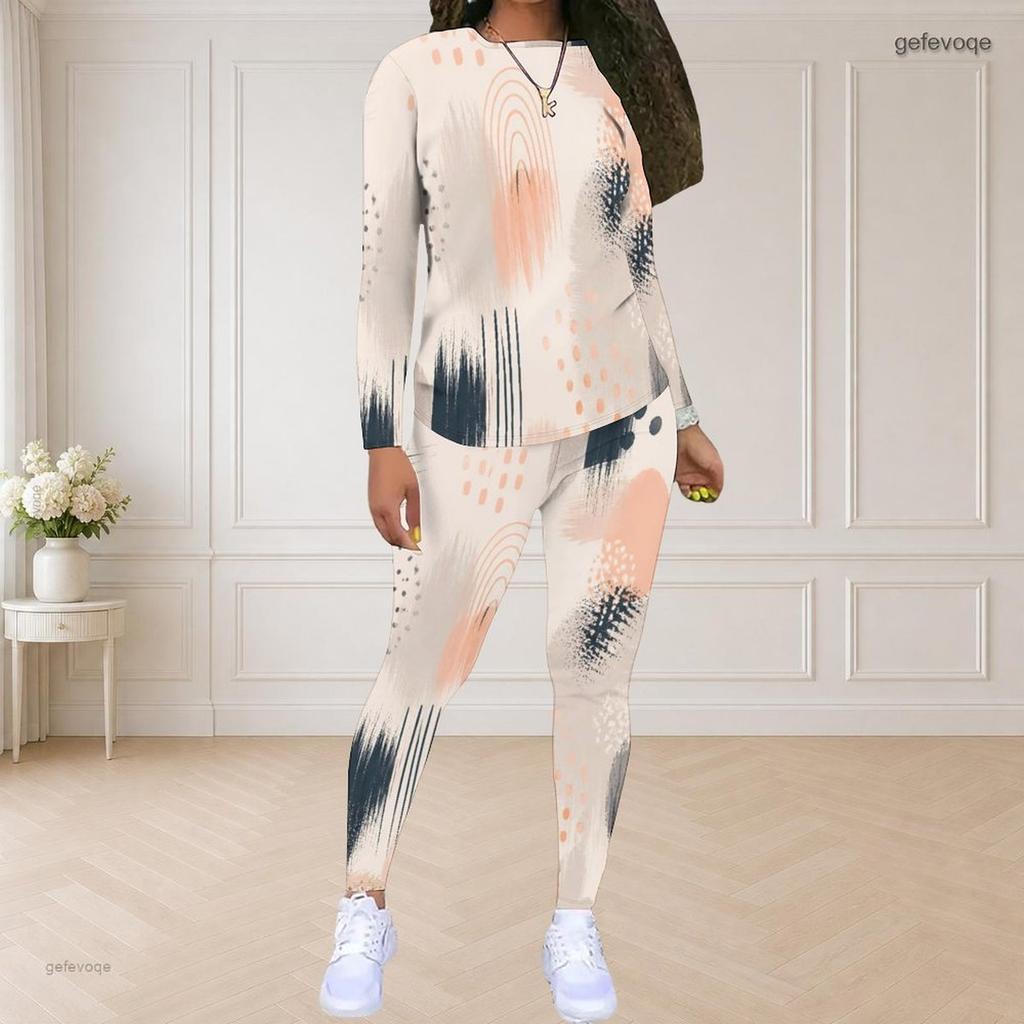 Women Plus Size Round Neck Long Sleeve Leaf Printed Top And Fitted Pants Two Piece Set
