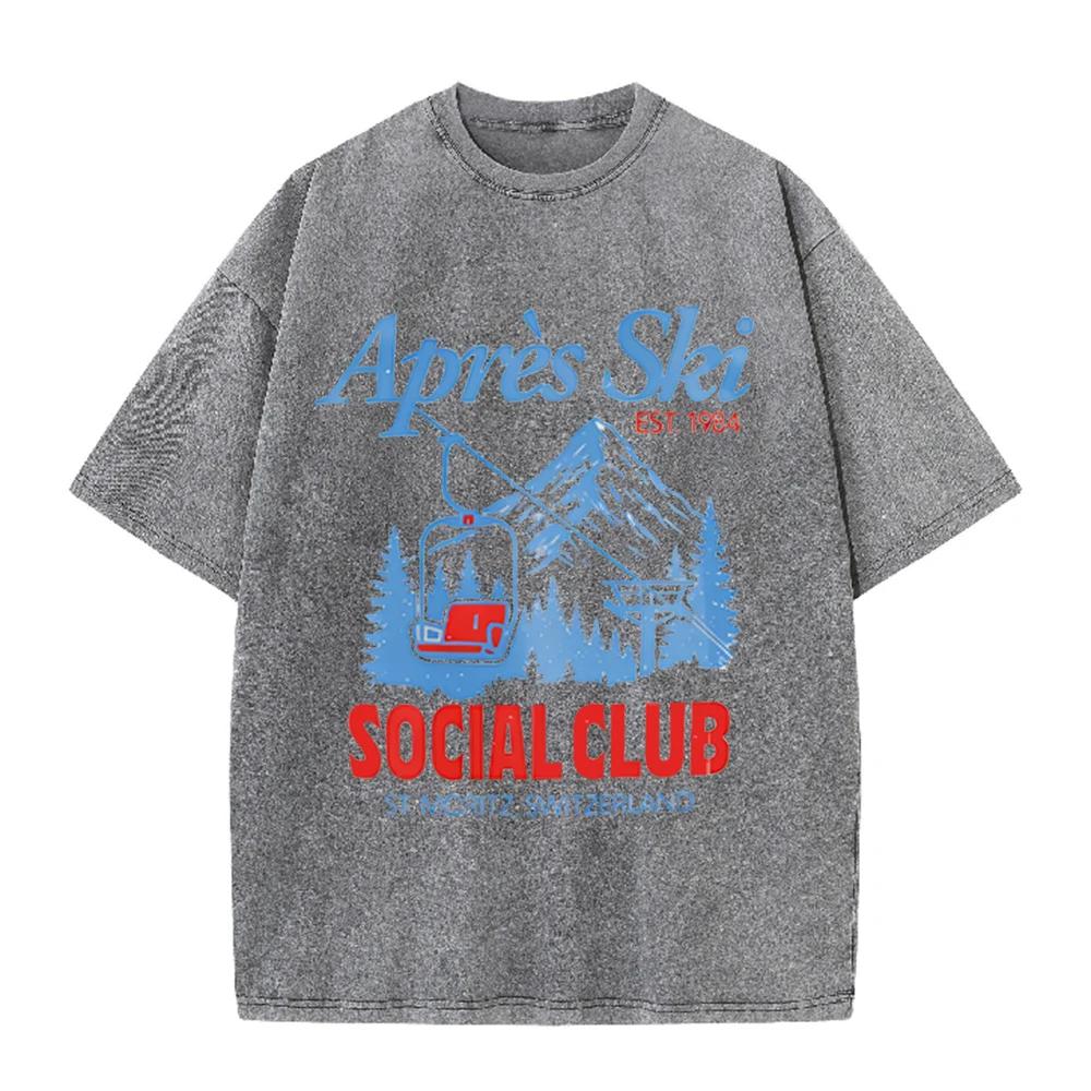 2026 Vintage AprèS Ski Mountain Cable Car Graphic Beige Washed T Shirt St Moritz Switzerland Outdoor Ski Social Club Oversized U
