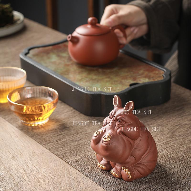1PCS Creativity Purple Clay Tea Pet Handmade Hippo Statue Ornaments Desktop Crafts Chinese Tea Set Decoration Accessories
