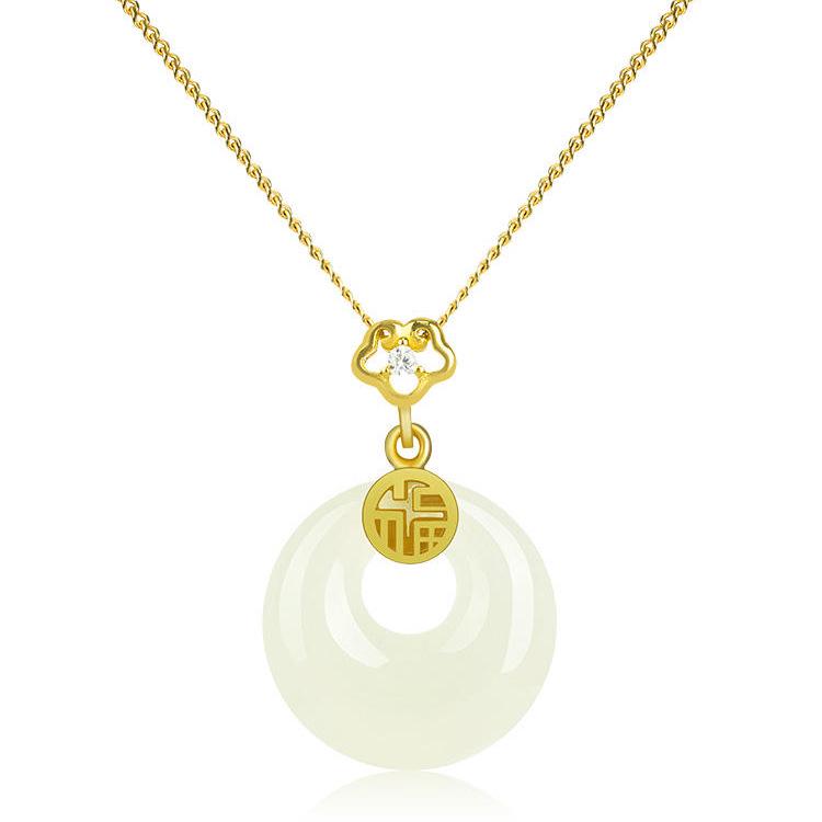 S925 Sterling Silver Hetian Jade Fu Character Necklace, Chinese Style Light Luxury Clavicle Chain for Women - Elegant Gift Accessory