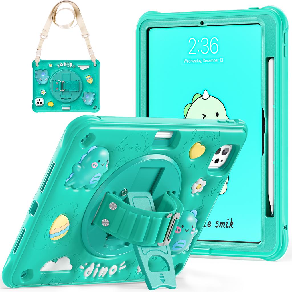 For iPad Pro 11 (2024) Case with Shoulder Strap Cartoon Dinosaur Kickstand PC+Silicone+TPU Cover