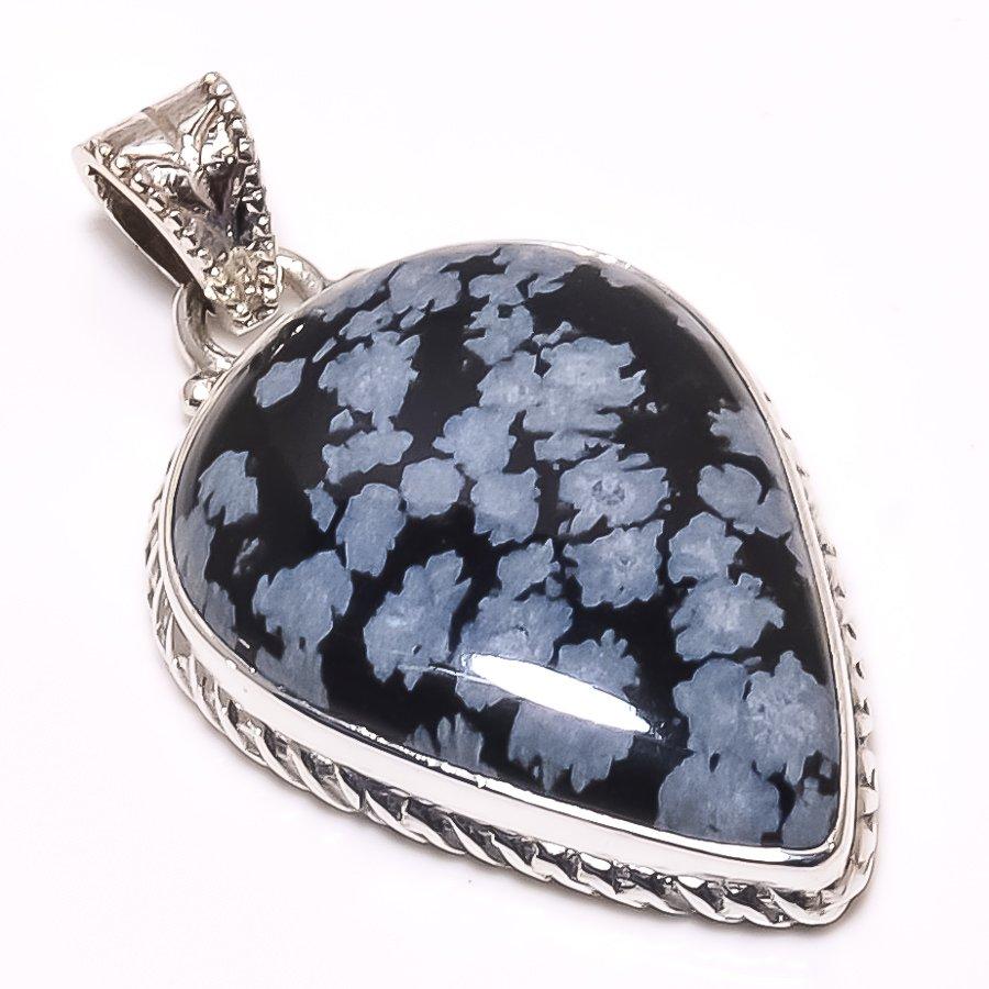 Natural Snowflake Obsidian Gemstone 925 Solid Sterling Silver Pendant 1.46" V1G68
