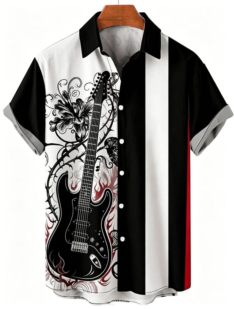 Gothic Cross Floral Print Short Sleeve Shirt, Trendy Casual Button-Up Top