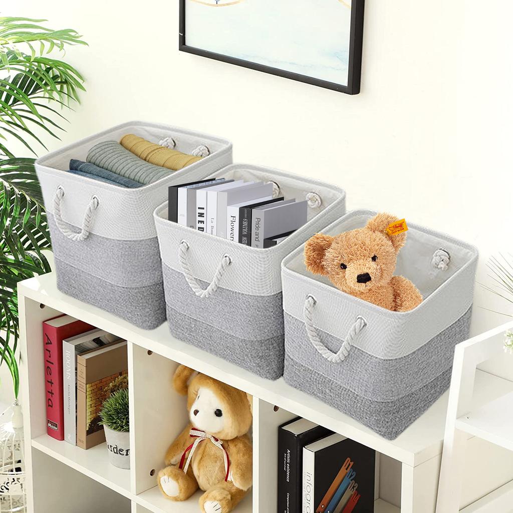 Large Foldable Storage Baskets with Cotton Rope Handles Linen Blend Toy & Clothes Organizer Bin