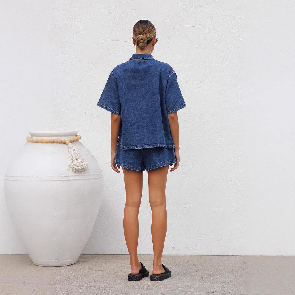 2025 Retro Lässiges Denim Kurzarmhemd & Shorts Set - Damen Frühling/Sommer