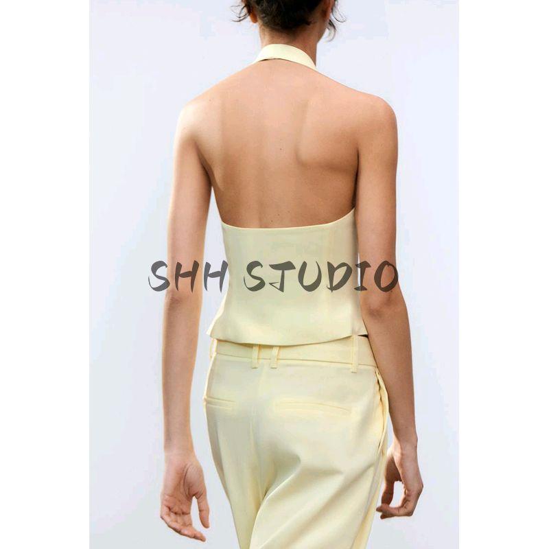 Hanging Collar Vest-Style Tops Vest 2010832 Pairs of Pleated High Waist Simple Graceful Casual Pants 4661428