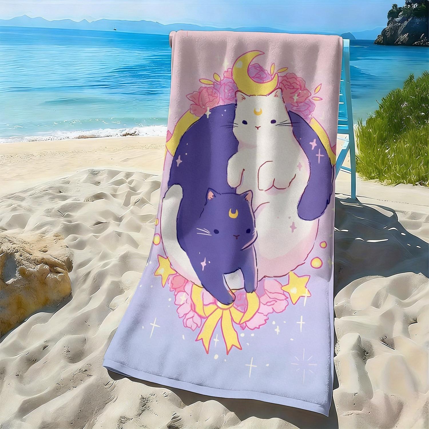 

Cat star moon flower pattern polyester microfiber beach towel is highly absorbent, suitable for swimming and beach outings W30*H60(CM)