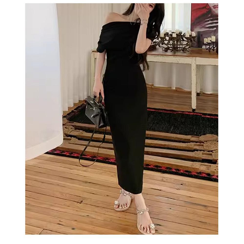 Commuting wear super good-looking one-word shoulder slim fit hip long dress casual temperament dress summer