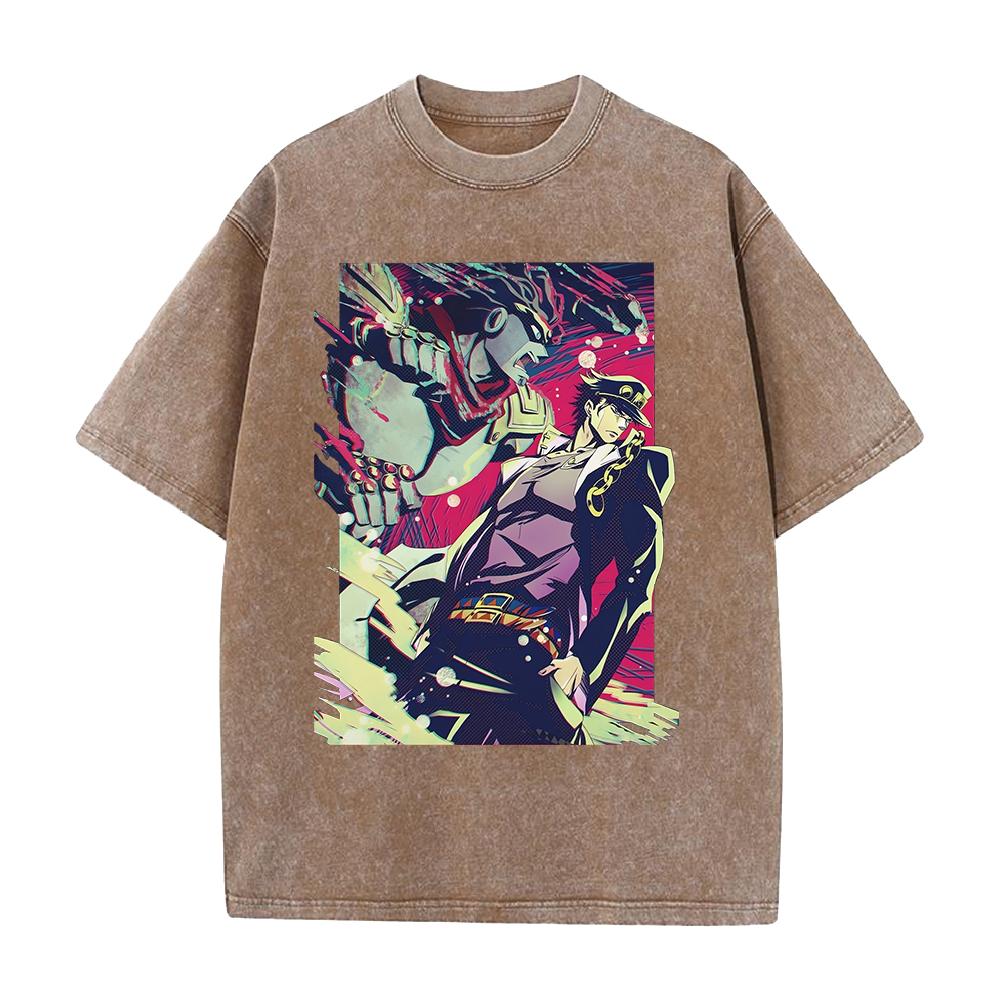 JoJo's Bizarre Adventure Jotaro Kujo Graphic T Shirt Men Women Washed Cotton Tshirts Vintage Casual Clothing Anime Streetwear