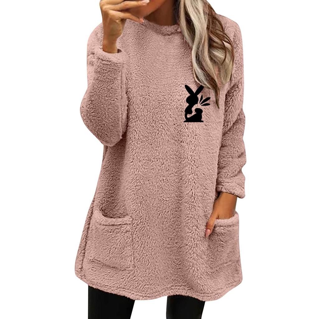 Women's Cartoon Print Round Neck Plush Hoodie with Pockets - Autumn/Winter Collection