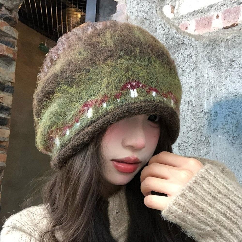 Fair Isle Style Pullover Hat Windproof Beanies Hat Comfortable Jacquard Knitted Hat  For Women
