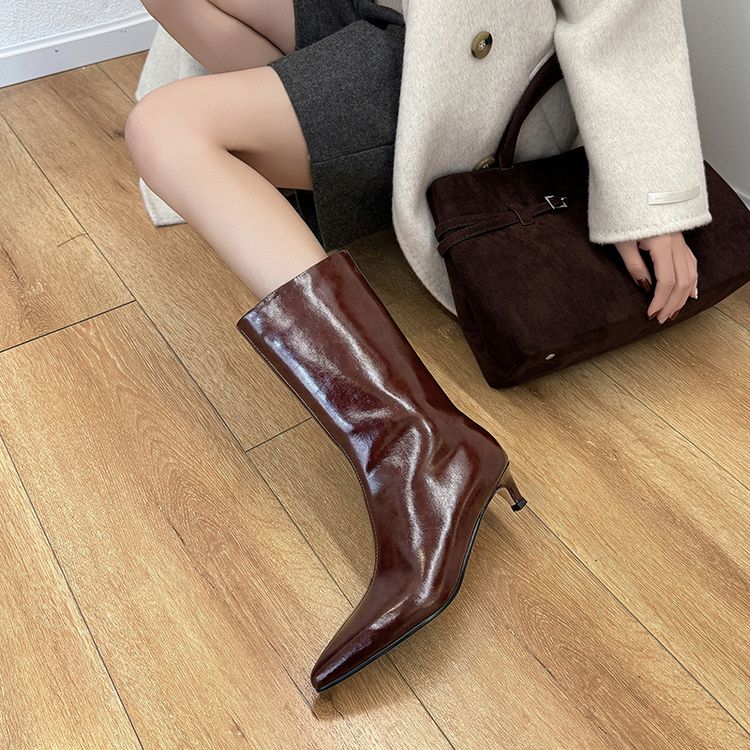 Fashion New Autumn Winter Split Leather Women Boot Shoes for Women Pointed Toe Mid-calf Boots Fashion Boots Handmade Zapatos De Mujer