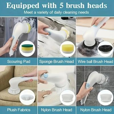 Portable Five In One Replaceable Brush Multifunctional Electric Cleaning Brush for Bathroom Washing and Kitchen Cleaning Tools