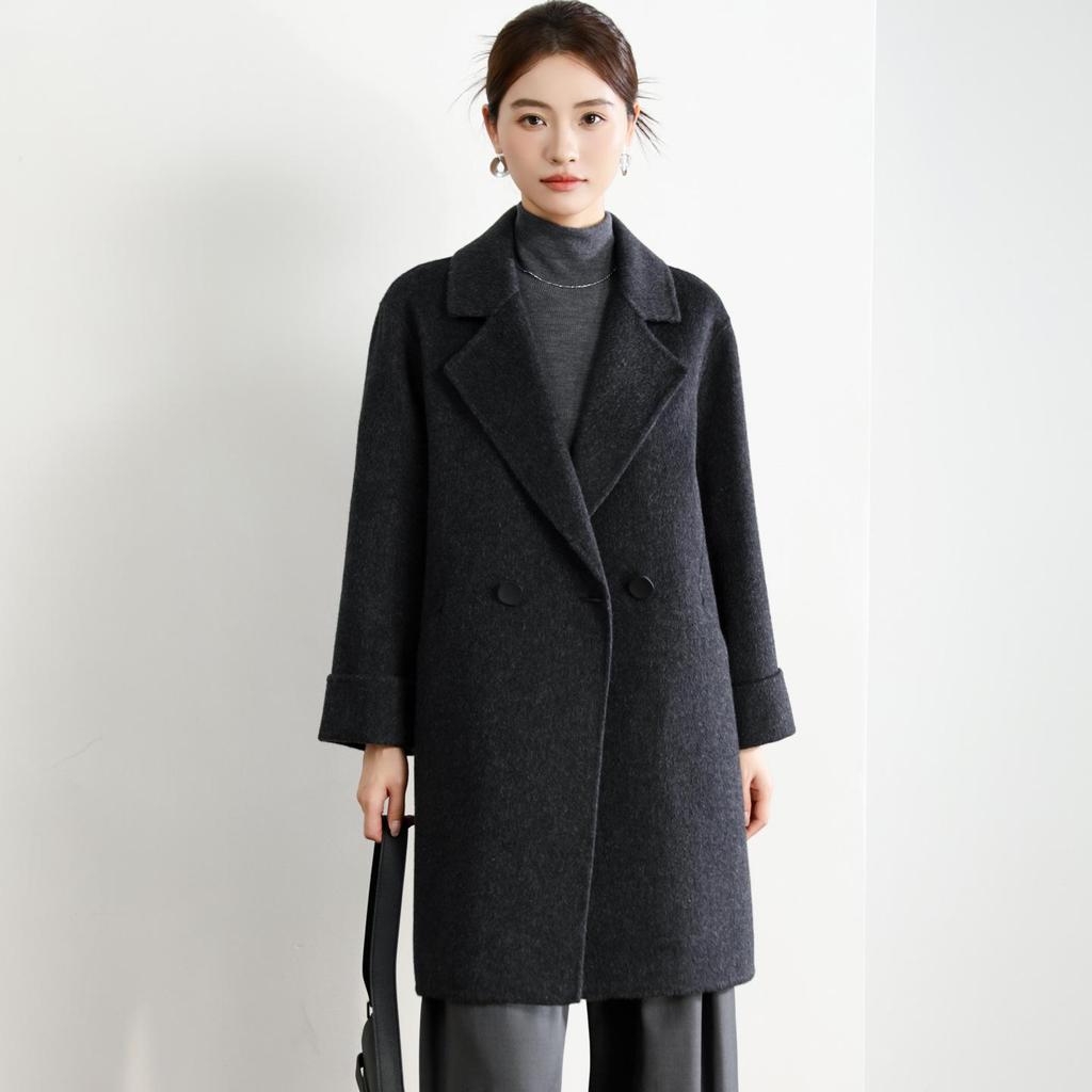 Women's Mid-Length Black Double-Faced Cashmere Wool Coat - 2025 Autumn/Winter Collection