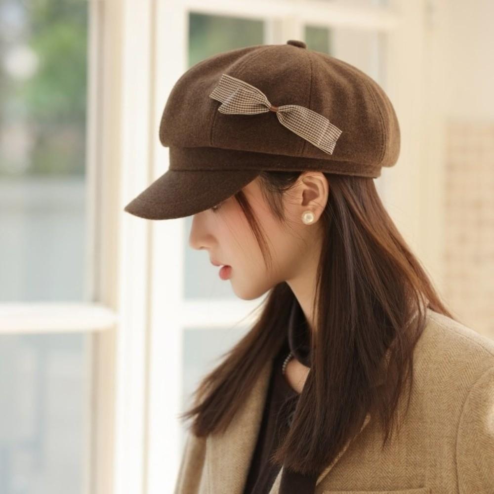 Wool Newsboy Hat Solid Color Octagonal Cap Casual Painter Hat  Female