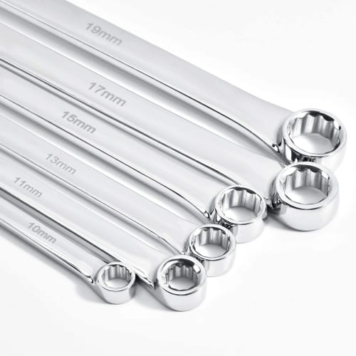 EZARC Extra Long Straight Open-End Wrench Set, Mirror Finish, Metric, 6-Piece Set, with Storage Bag