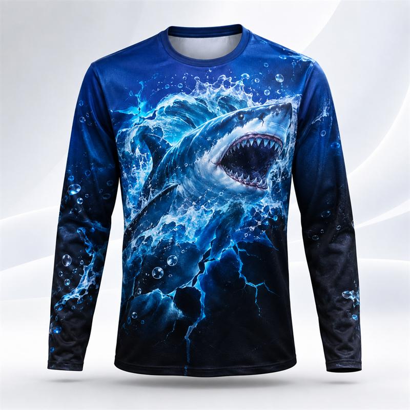 Whale Shark Ocean Pattern Men Long Sleeve Crew Neck T Shirt 3d Print Animal Graphic Top Casual Tee For Ocean Lovers Daily Street