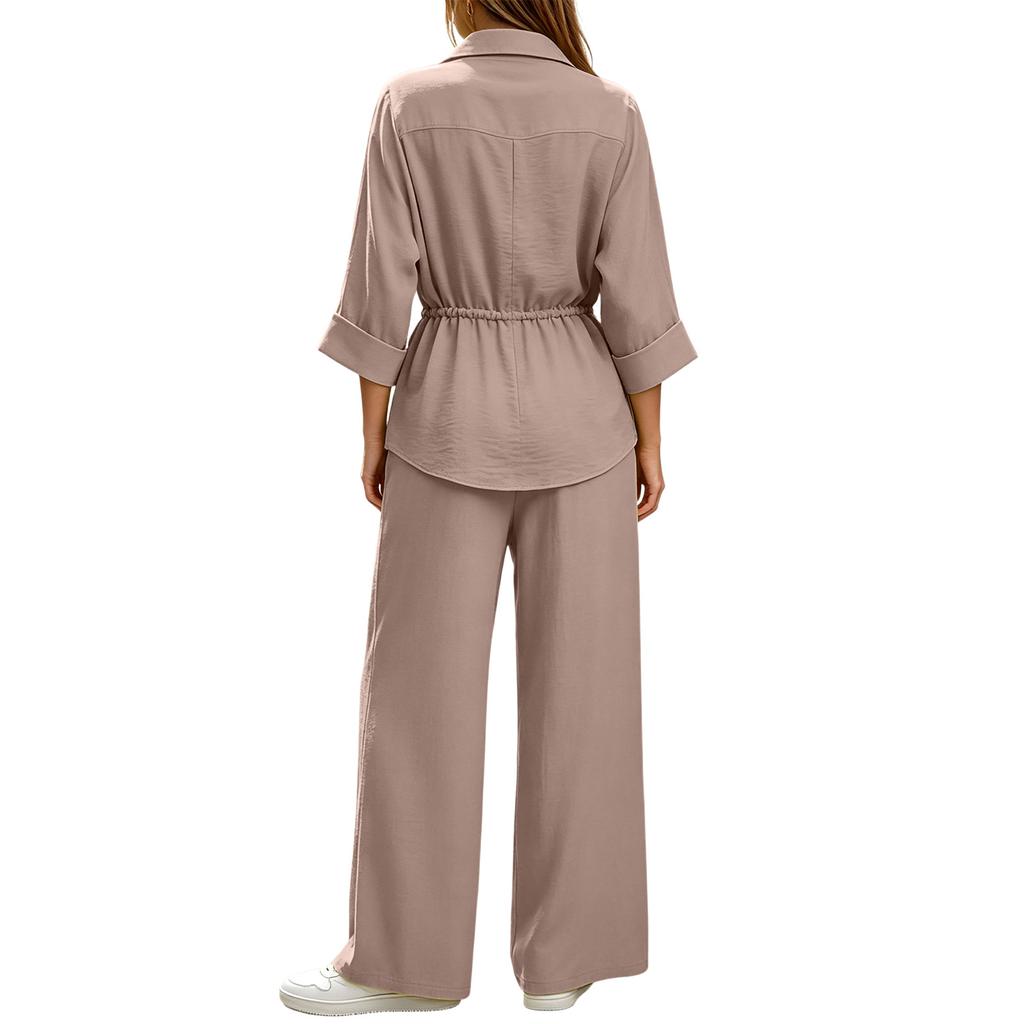 Women's Casual Two Piece Long Sleeve Collared Shirt and Pants Set