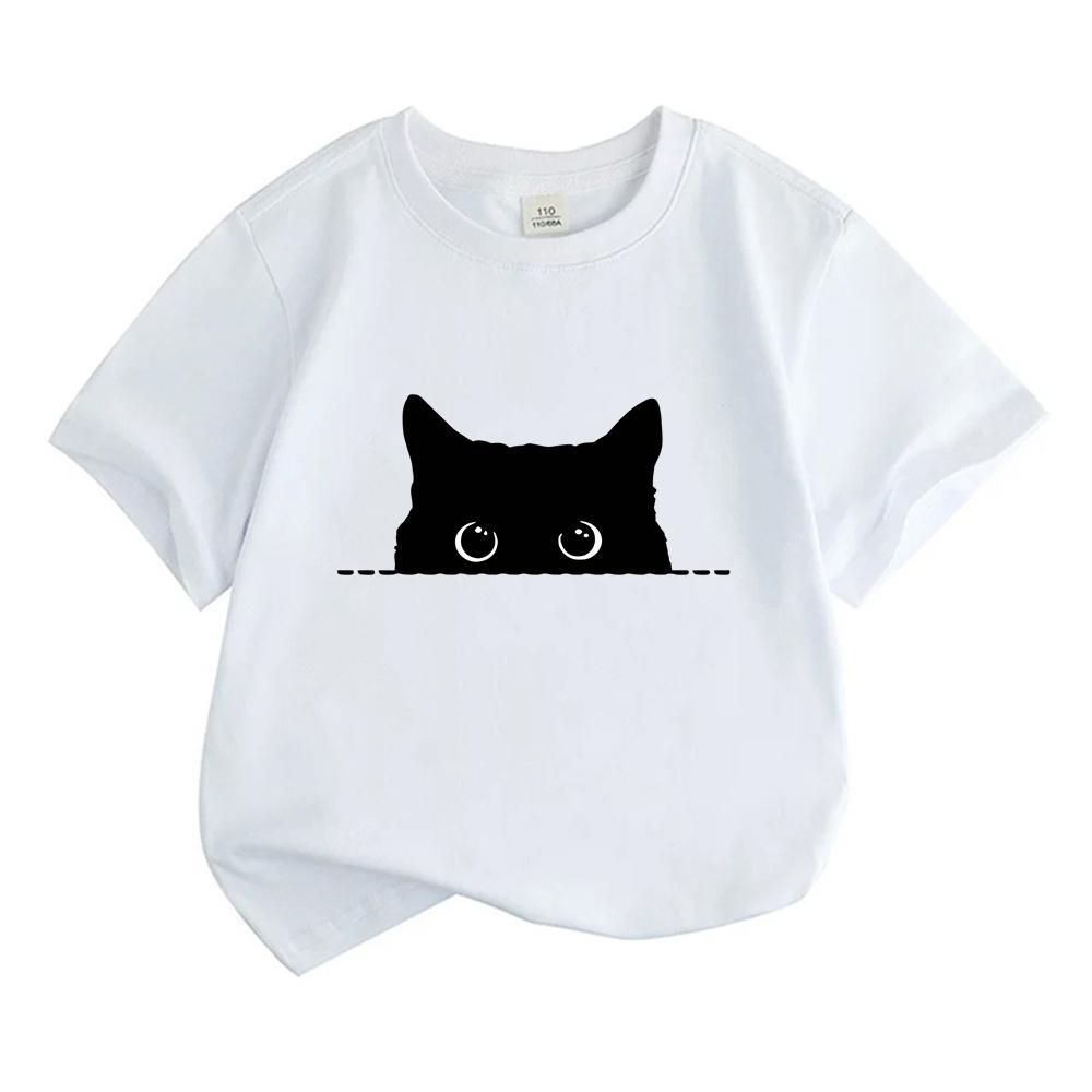 Child Cute Kitten T-shirt Girls White Pink Short Sleeve T-shirts Tops Summer Casual Party Supplies Tee