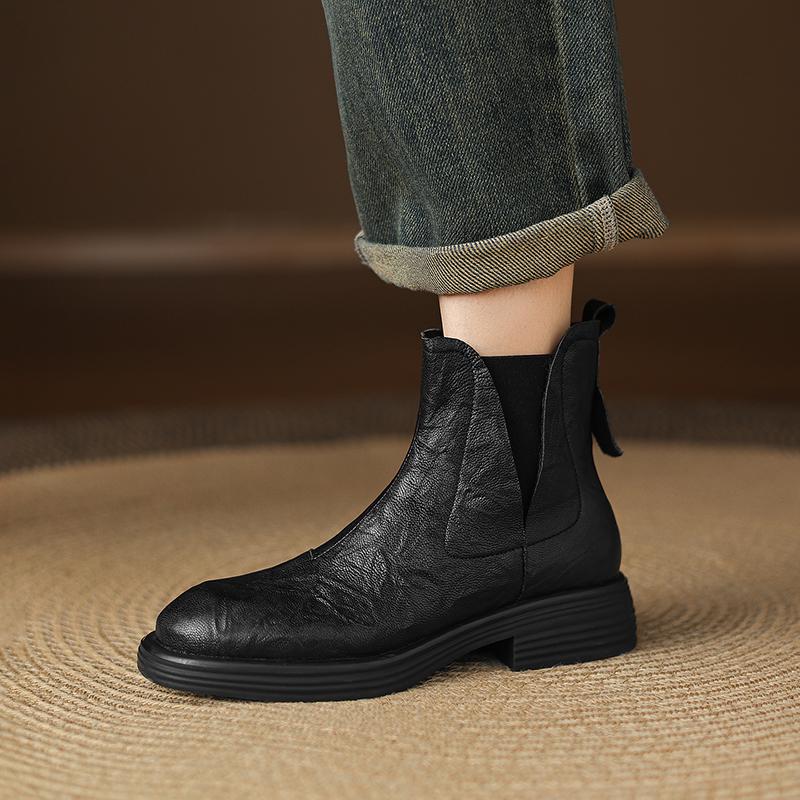 Fashion 2025 NEW Autumn/Winter Women Boots Round Toe Med Heel Chelsea Boots Genuine Leather Shoes for Women Retro Modern Ankle Boots