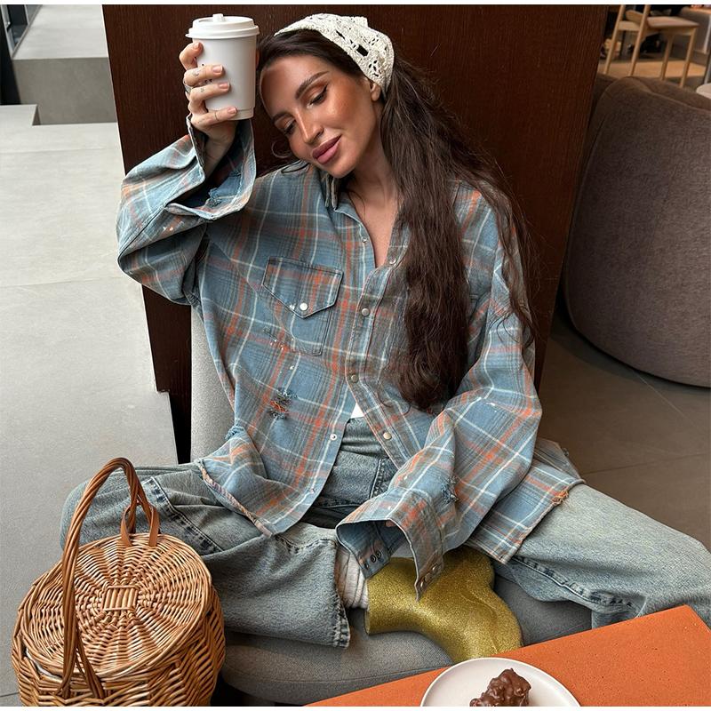 Blue Plaid Shirt Jacket Women's Spring Autumn 2025 New Elegant High-End Feel with Button Down The Front Female Casual Loose Blouses