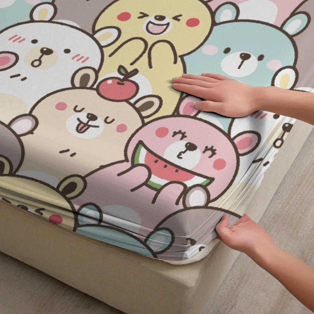 3pcs Fitted Sheet Set Cute Bear Pattern Print Design Easy Care Bed Sheet With Pillowcases For Bedroom Decor