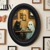 Rustic Autumn Home Accents Halloween Gothic Oval Wooden Hanging Plaque, Vintage Framed Black Cat Little Minimalist Horror Themed Decor Ghost