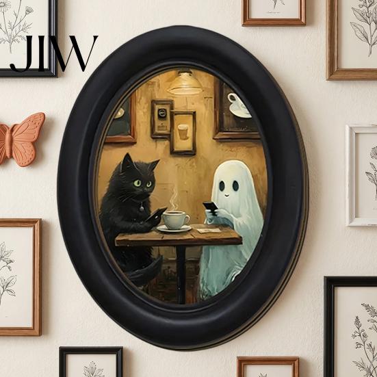 Rustic Autumn Home Accents Halloween Gothic Oval Wooden Hanging Plaque, Vintage Framed Black Cat Little Minimalist Horror Themed Decor Ghost