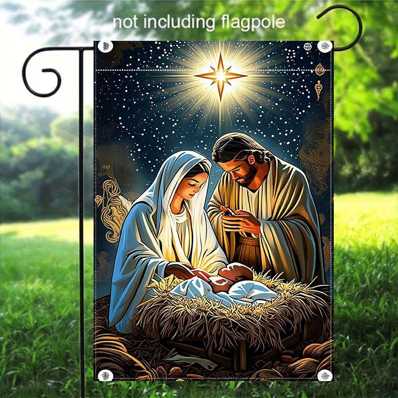 1pc Christmas Nativity Scene Garden Flag, Virgin Mary and Saint Joseph with Infant Jesus, Double-Sided Holiday Yard Flag, Seasonal Home Decor, Fade-R